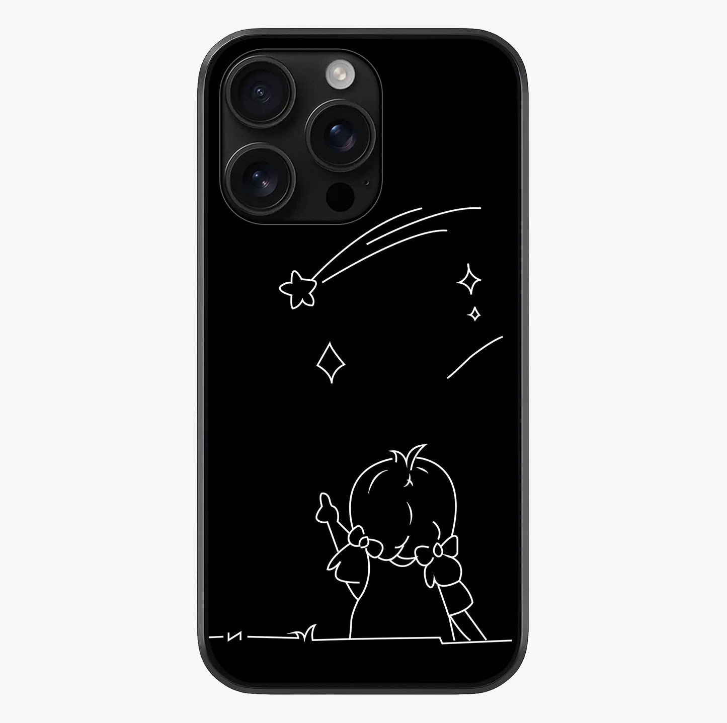 Line Art Girl With Shooting Stars Glass Case showing full back design in clean flat view with glossy glass finish.