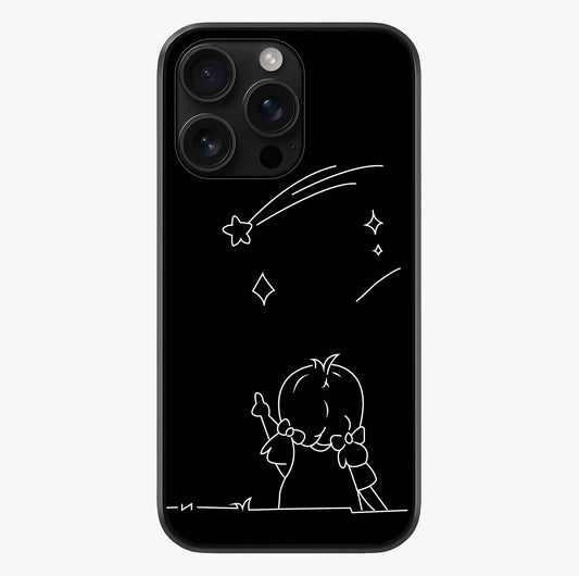 Line Art Girl With Shooting Stars Glass Case showing full back design in clean flat view with glossy glass finish.