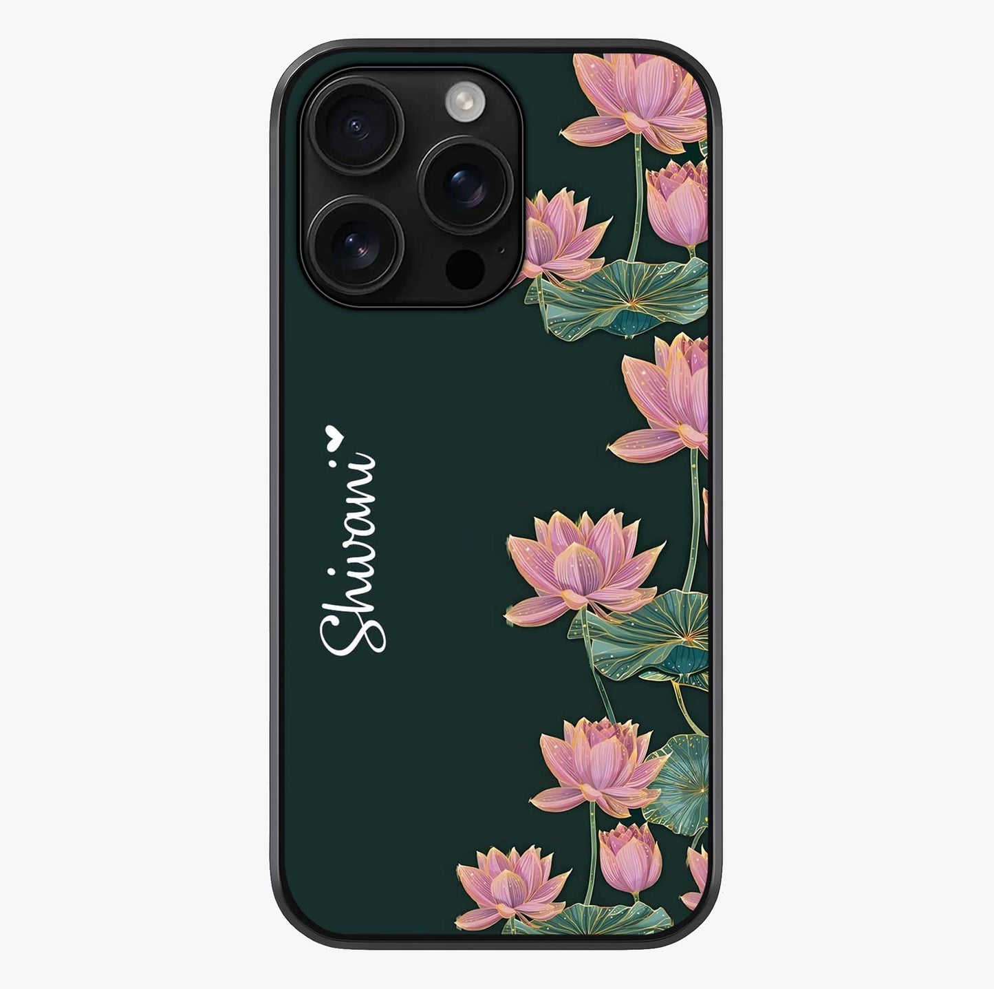 Lotus Bloom Serenity Custom Name Glass Case showing full back design in clean flat view with glossy glass finish.