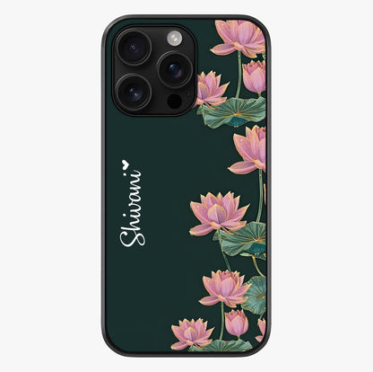 Lotus Bloom Serenity Custom Name Glass Case showing full back design in clean flat view with glossy glass finish.