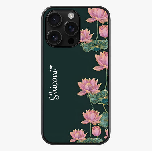 Lotus Bloom Serenity Custom Name Glass Case showing full back design in clean flat view with glossy glass finish.