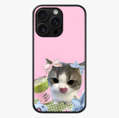 Love Matcha Cat Glass Case showing full back design in clean flat view with glossy glass finish.