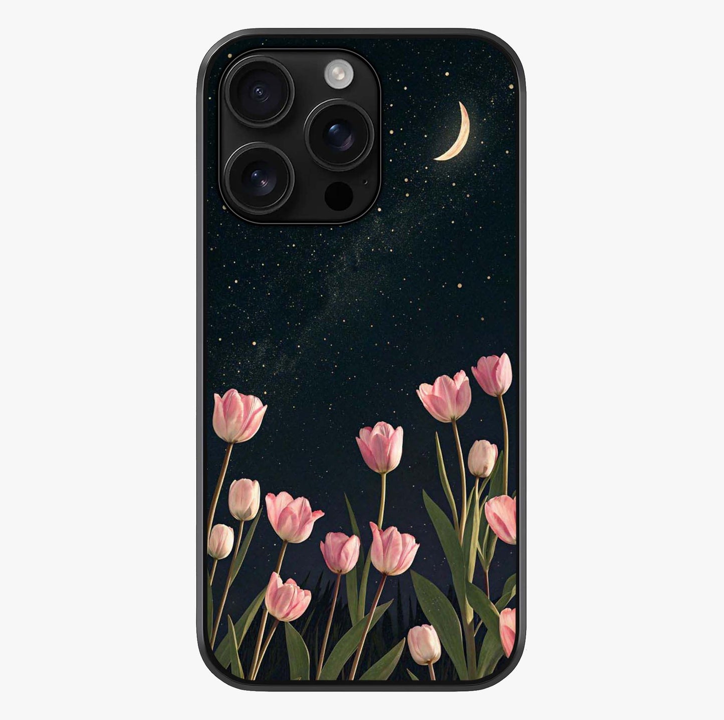 Midnight Tulip Whispers Vibe Glass Case showing full back design in clean flat view with glossy glass finish.