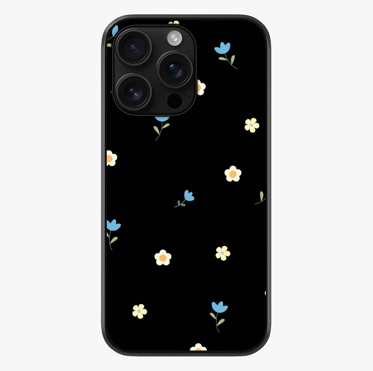 Minimalistic Blue With White Flower Pattern Glass Case showing full back design in clean flat view with glossy glass finish.