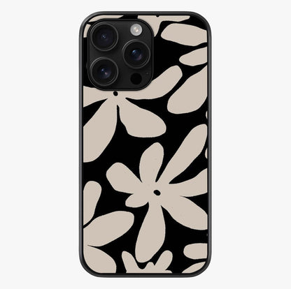 Monochrome Petal Dance Glass Case showing full back design in clean flat view with glossy glass finish.