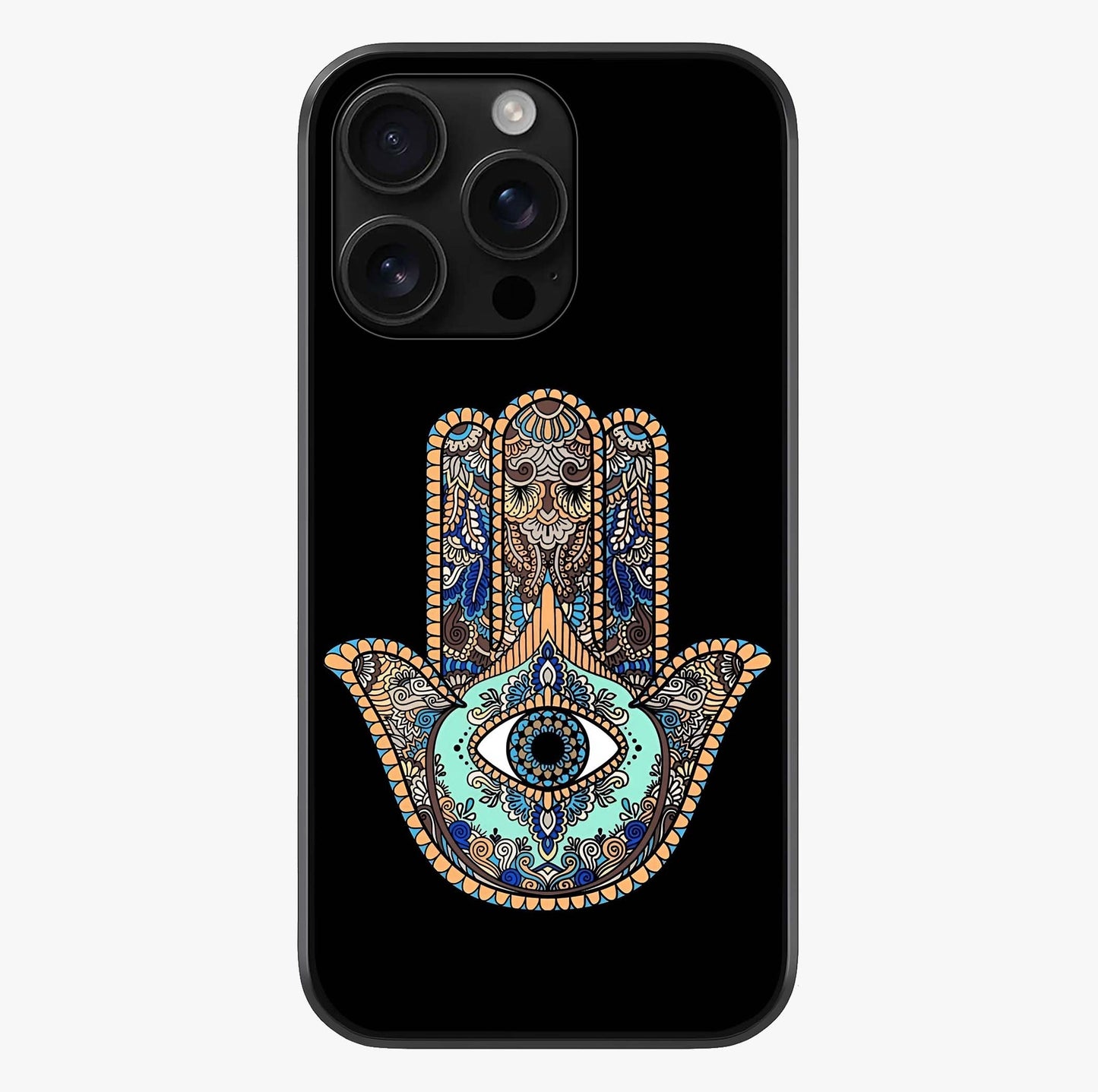 Mystic Hamsa Eye Glass Case showing full back design in clean flat view with glossy glass finish.