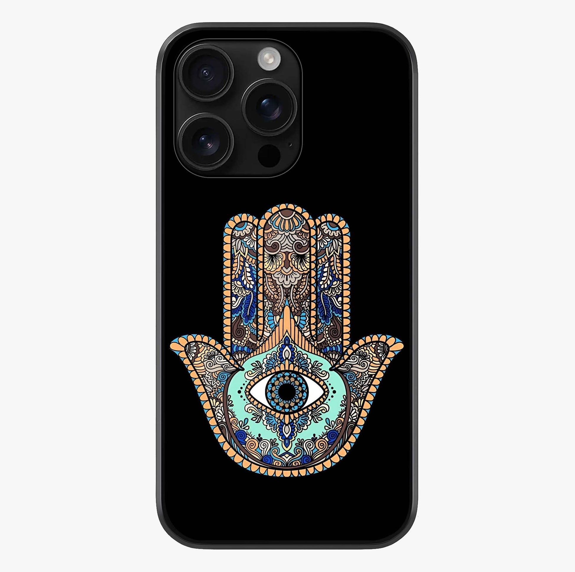 Mystic Hamsa Eye Glass Case showing full back design in clean flat view with glossy glass finish.