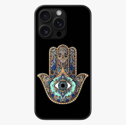 Mystic Hamsa Eye Glass Case showing full back design in clean flat view with glossy glass finish.