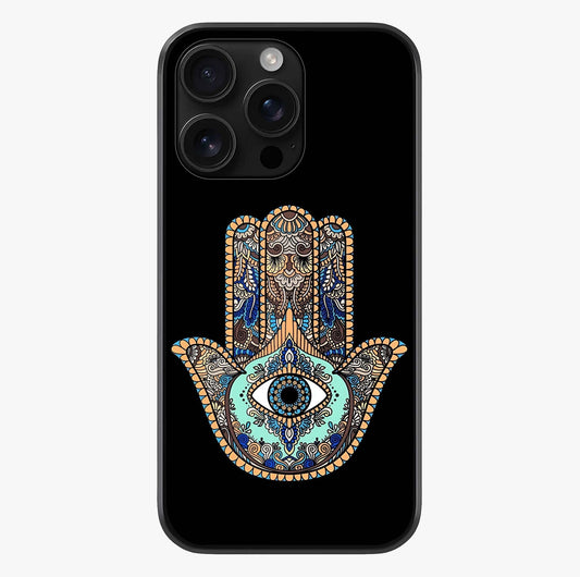 Mystic Hamsa Eye Glass Case showing full back design in clean flat view with glossy glass finish.