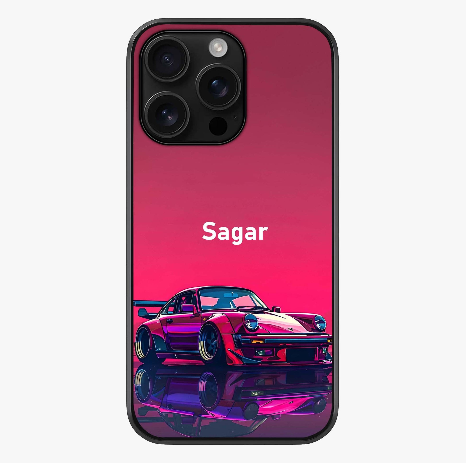 Neon Pink Porsche Glass Case showing full back design in clean flat view with glossy glass finish.