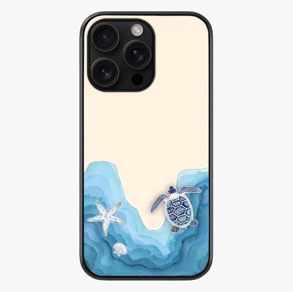 Ocean Drift Turtle Glass Case showing full back design in clean flat view with glossy glass finish.