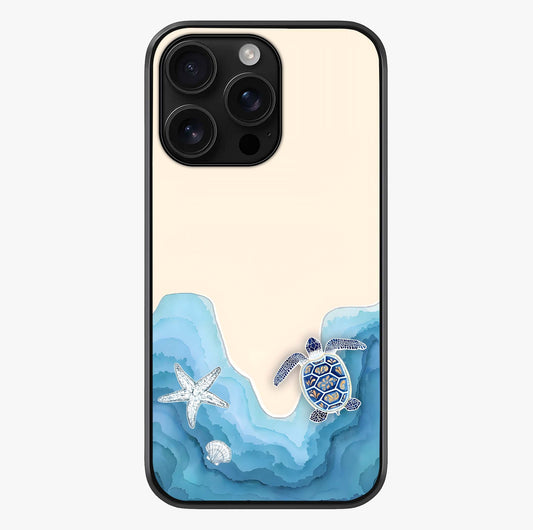 Ocean Drift Turtle Glass Case showing full back design in clean flat view with glossy glass finish.