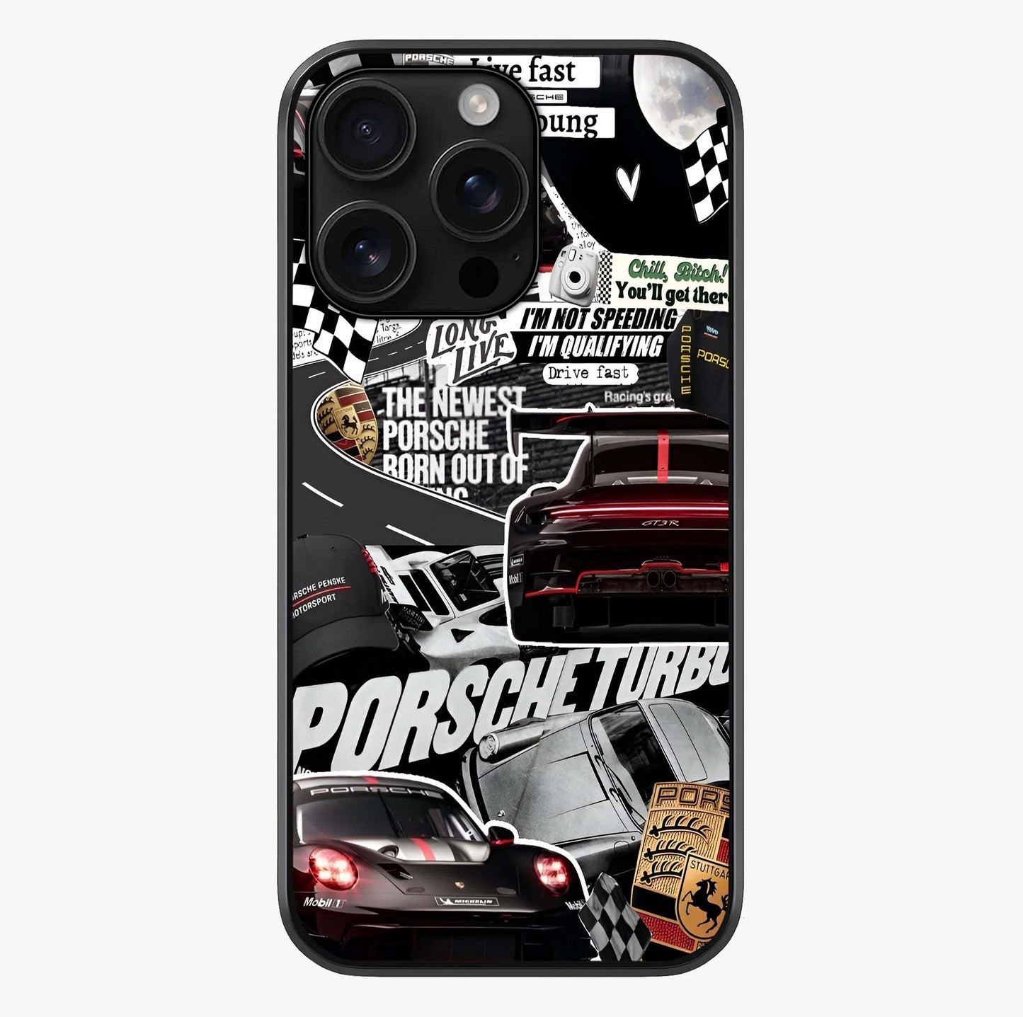 Porsche Racing Collage Glass Case showing full back design in clean flat view with glossy glass finish.