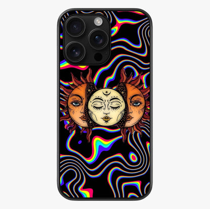 Psychedelic Sun Glass Case showing full back design in clean flat view with glossy glass finish.