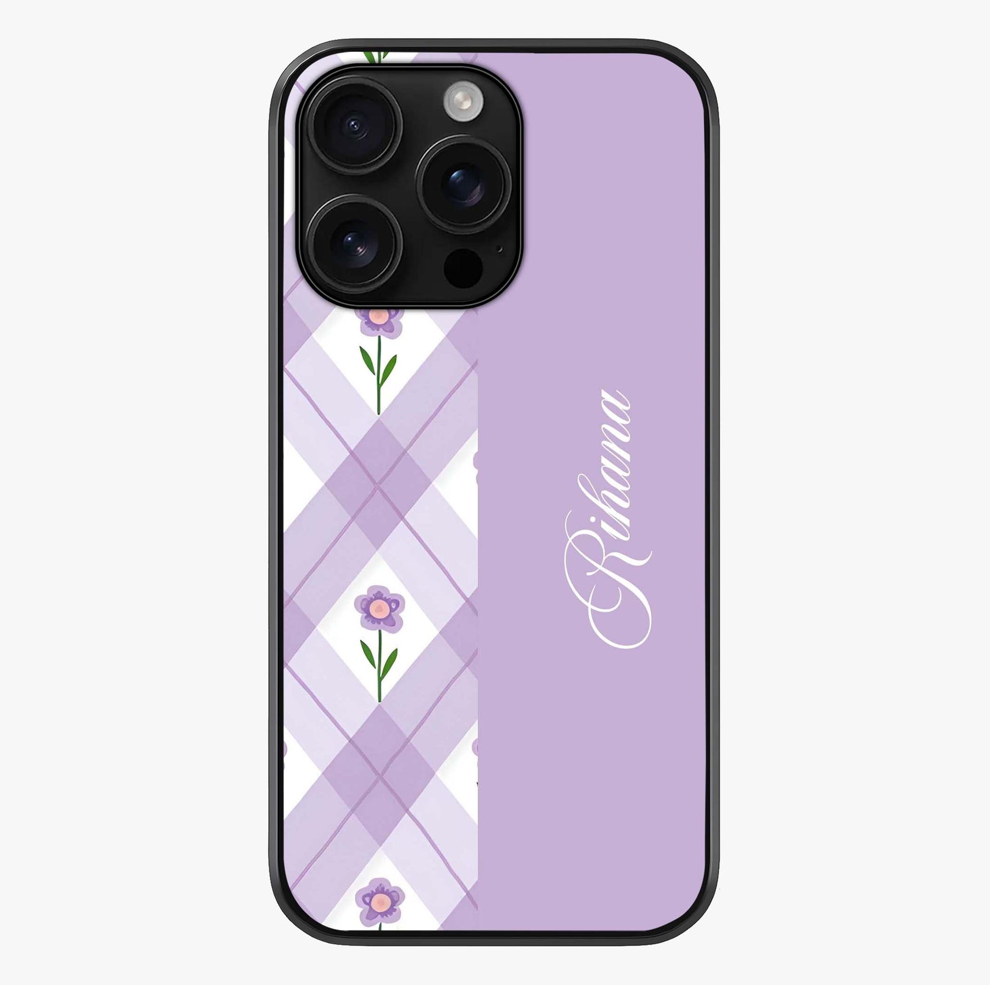 Purple Diamond Floral Glass Case showing full back design in clean flat view with glossy glass finish.