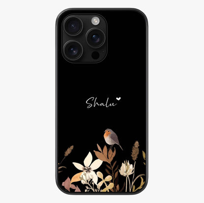 Quiet Garden Tune Custom Name Glass Case showing full back design in clean flat view with glossy glass finish.