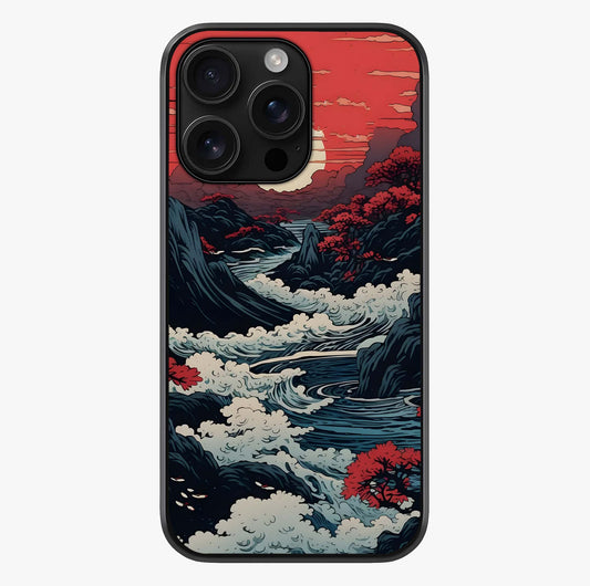 Red Sunset Scenery Glass Case showing full back design in clean flat view with glossy glass finish.