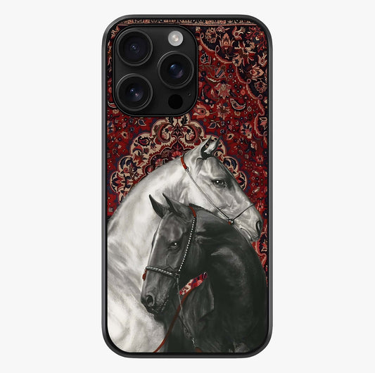 Regal Stallion Tapestry Glass Case showing full back design in clean flat view with glossy glass finish.