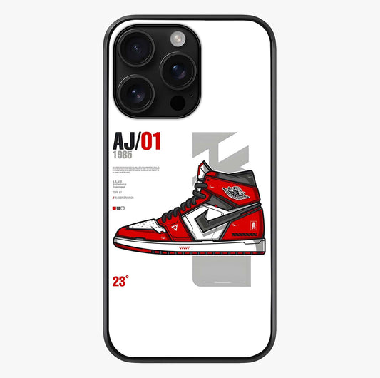 Retro Sneaker Blueprint Glass Case showing full back design in clean flat view with glossy glass finish.