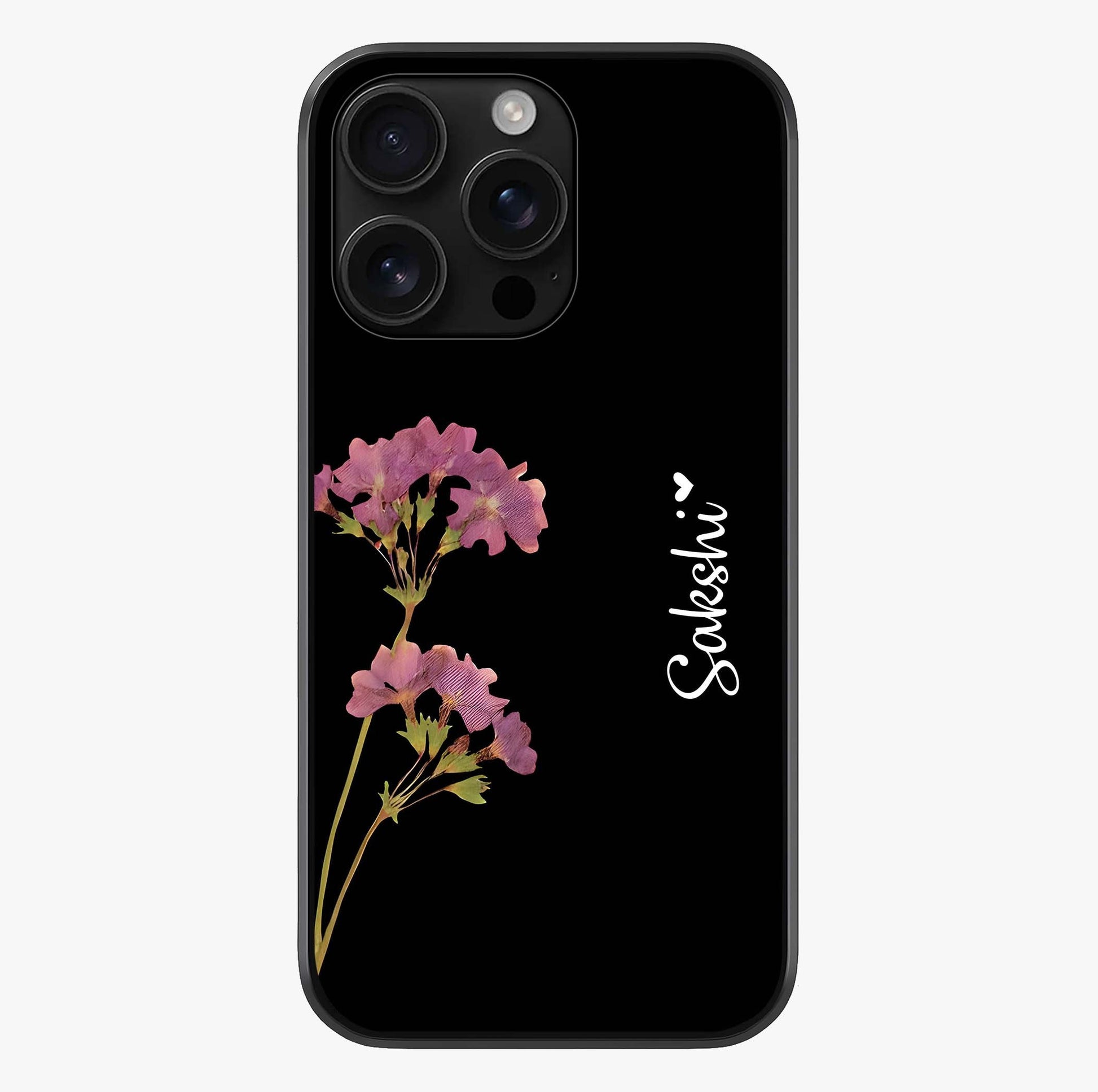 Riching Lavender Flower Custom Name Glass Case showing full back design in clean flat view with glossy glass finish.