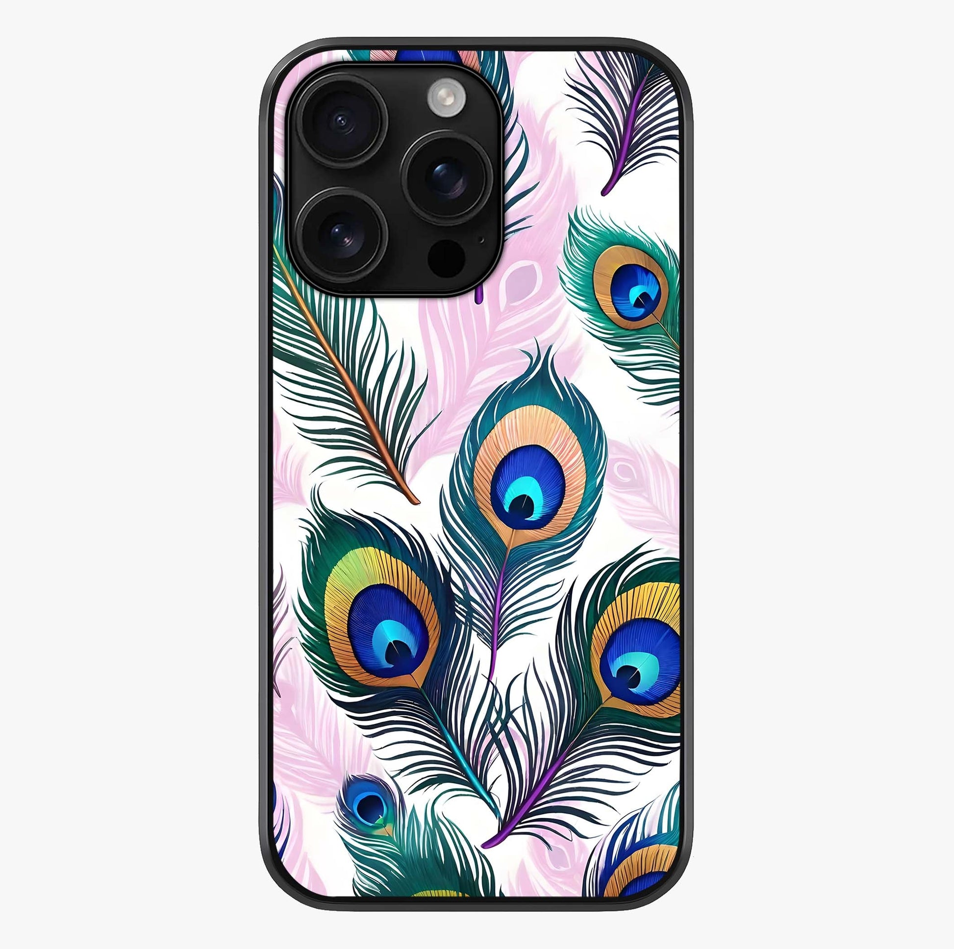 Royal Peacock Feathers Glass Case showing full back design in clean flat view with glossy glass finish.