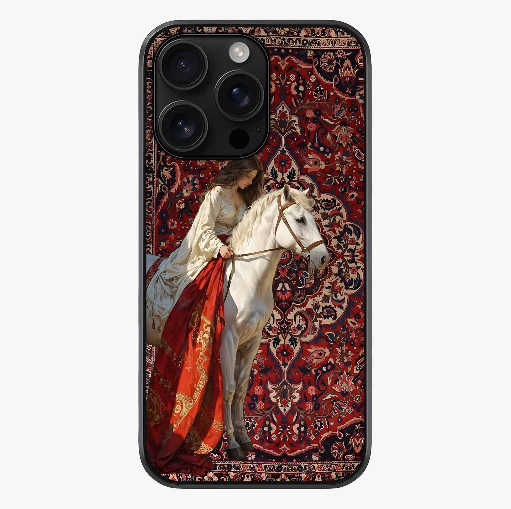 Royal Rider Tapestry Glass Case showing full back design in clean flat view with glossy glass finish.