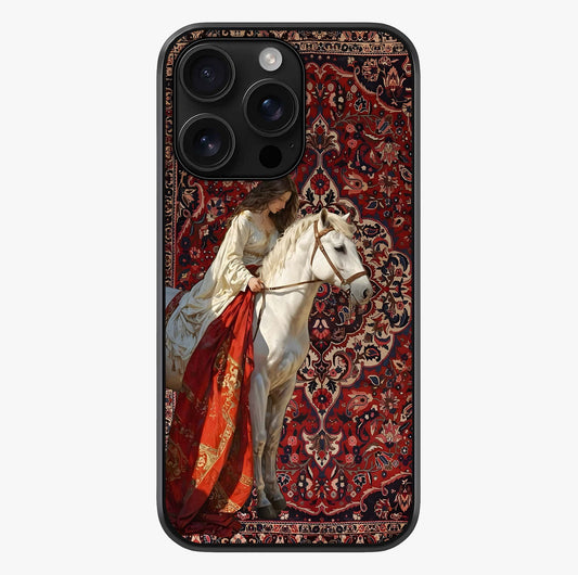 Royal Rider Tapestry Glass Case showing full back design in clean flat view with glossy glass finish.
