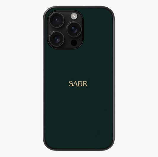 Sabr Minimal Patience Glass Case showing full back design in clean flat view with glossy glass finish.