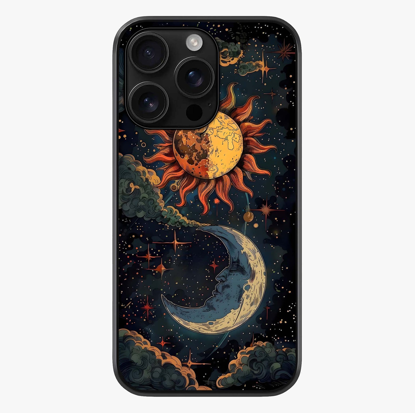 Sun And Moon Magic Design Glass Case showing full back design in clean flat view with glossy glass finish.