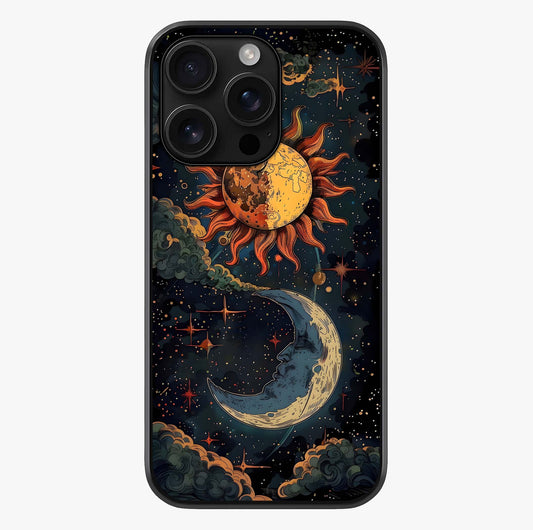 Sun And Moon Magic Design Glass Case showing full back design in clean flat view with glossy glass finish.