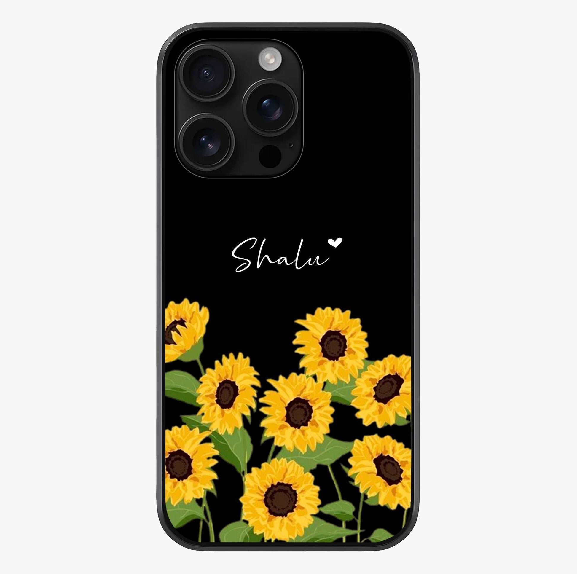 Sunflower Chic Mood Custom Name Glass Case showing full back design in clean flat view with glossy glass finish.