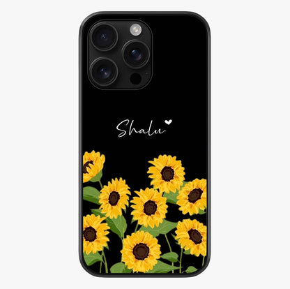 Sunflower Chic Mood Custom Name Glass Case showing full back design in clean flat view with glossy glass finish.