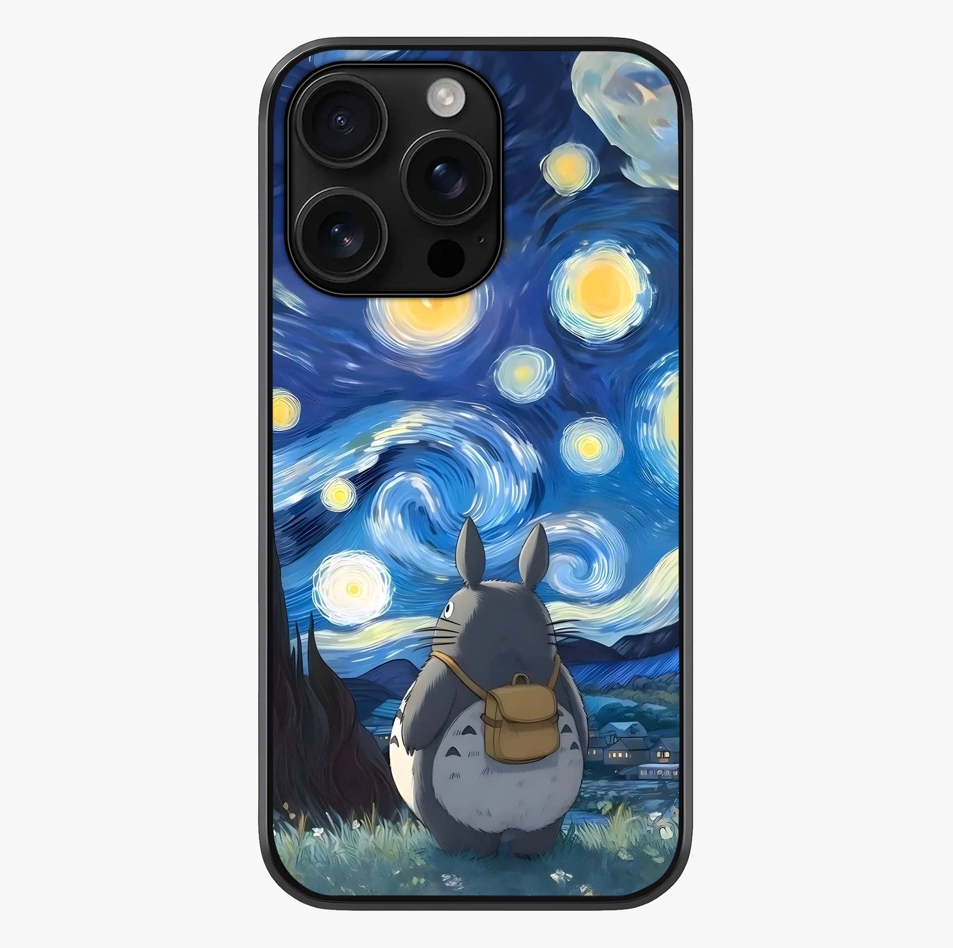Totoro In Van Gogh Art Glass Case showing full back design in clean flat view with glossy glass finish.