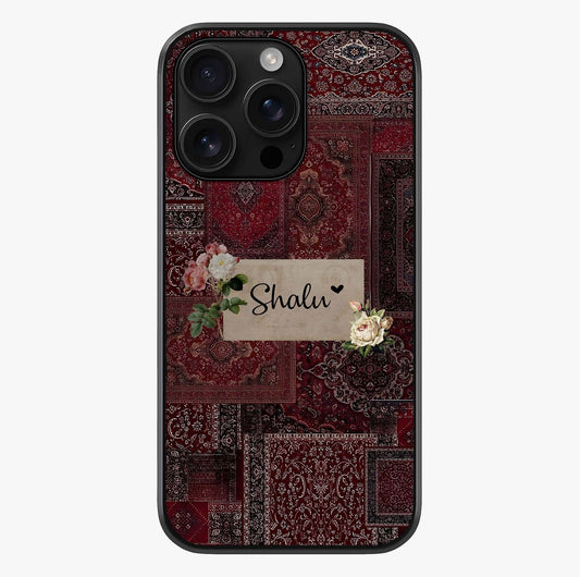Velvet Wine Pattern Custom Name Glass Case showing full back design in clean flat view with glossy glass finish.