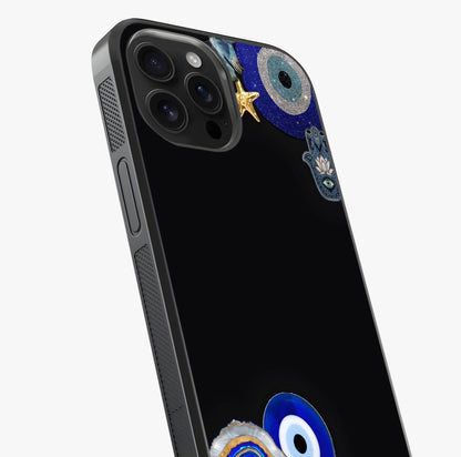 Aesthetic Blue Evil Eye Glass Case captured at a warm angle highlighting gloss, texture and premium glass finish.