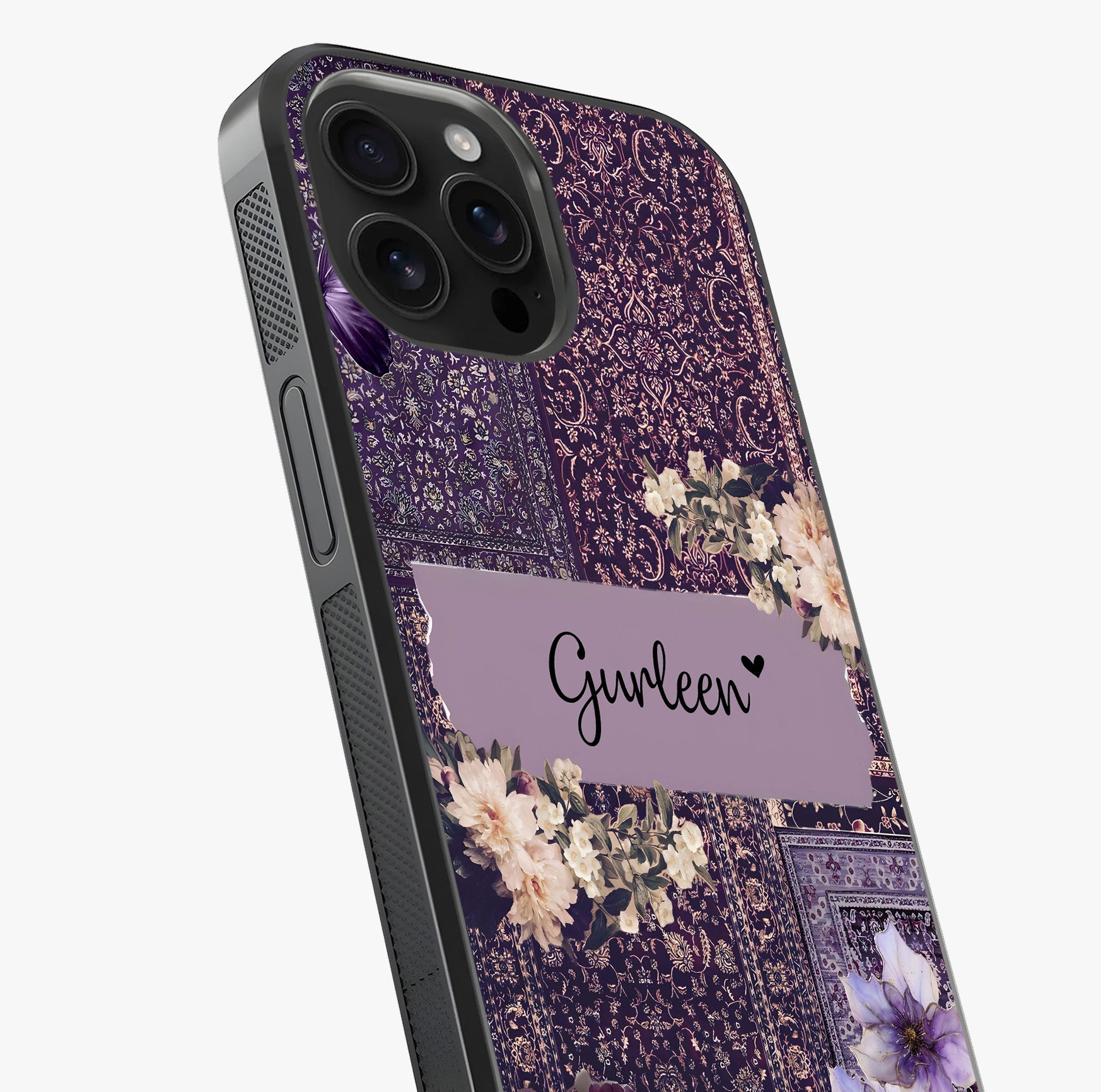Antique Floral Whisper Custom Name Glass Case captured at a warm angle highlighting gloss, texture and premium glass finish.