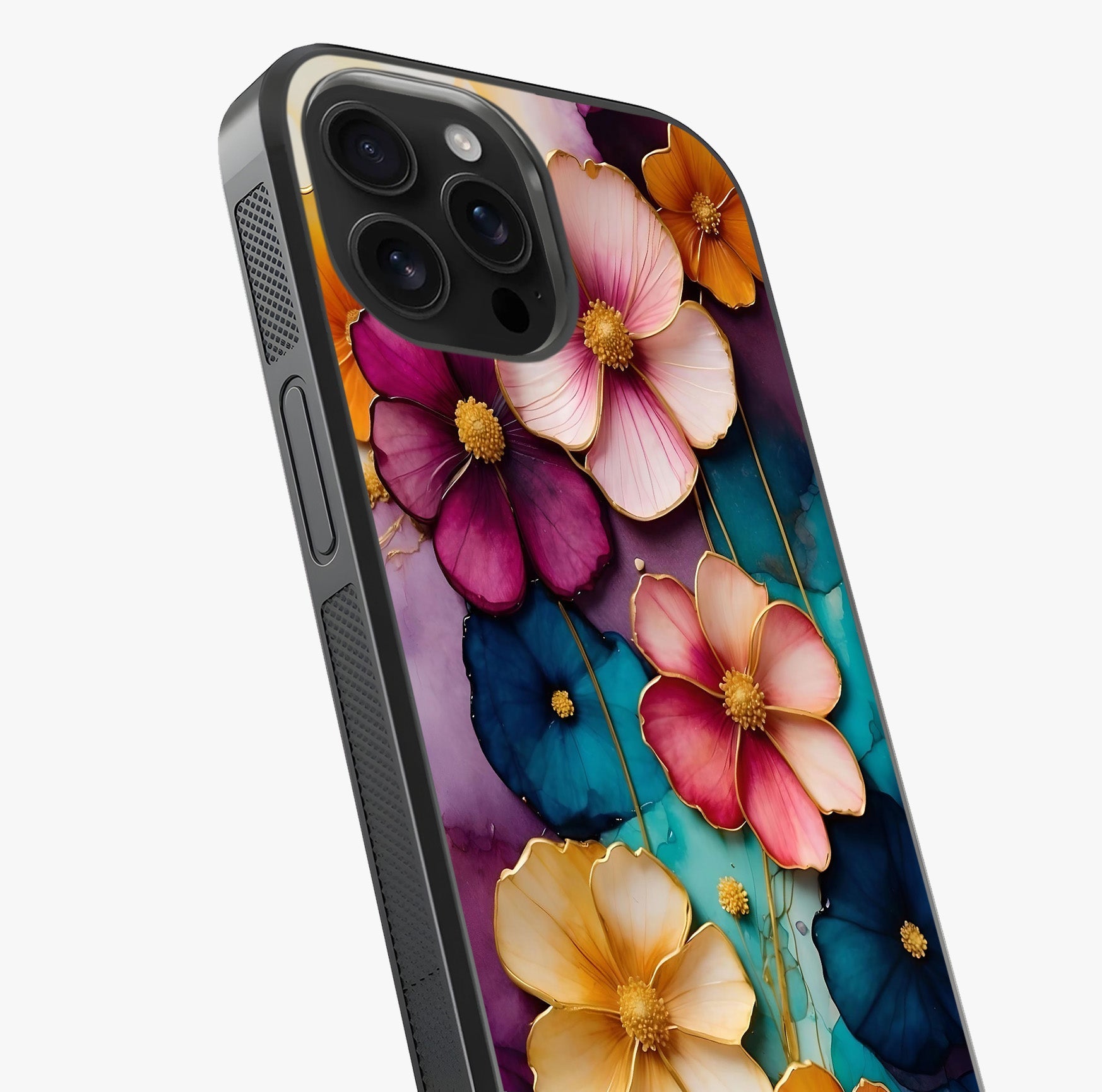 Artlyn Grace Flower Pattern Glass Case captured at a warm angle highlighting gloss, texture and premium glass finish.