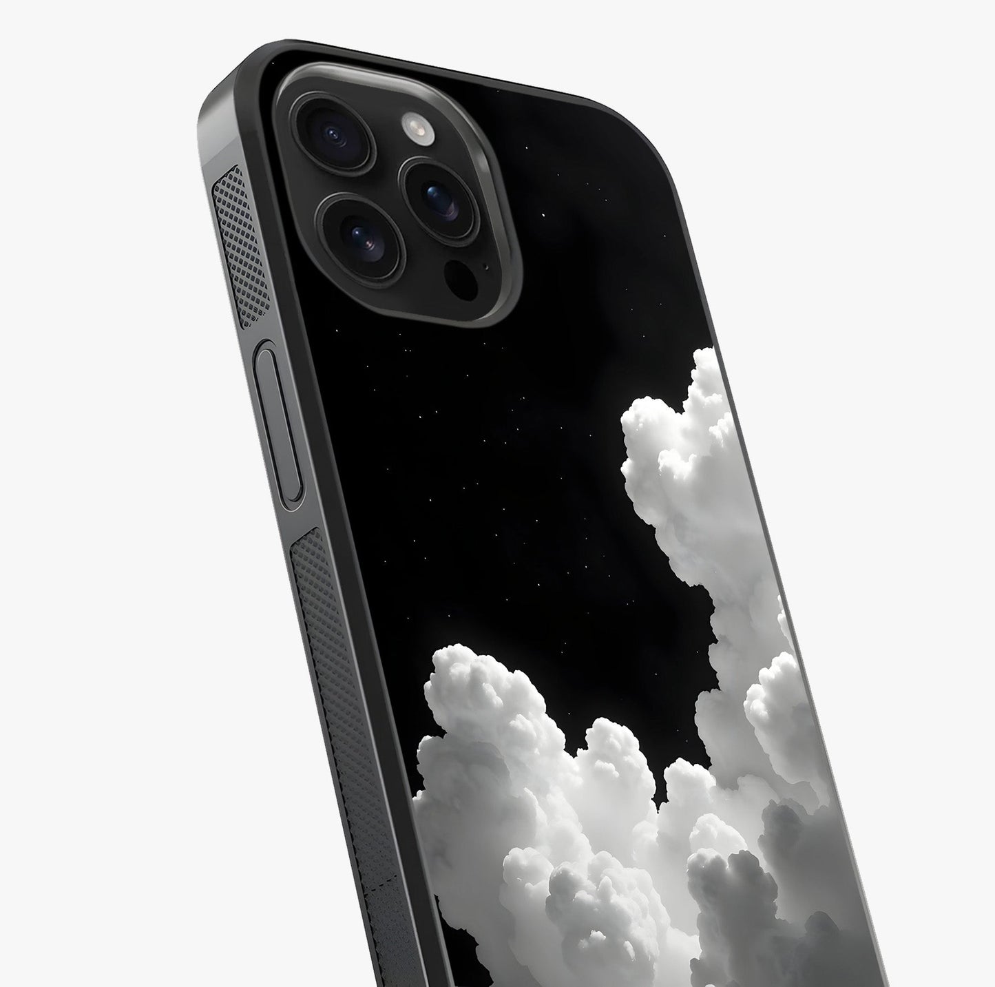 Black Background With White Cloud Glass Case captured at a warm angle highlighting gloss, texture and premium glass finish.