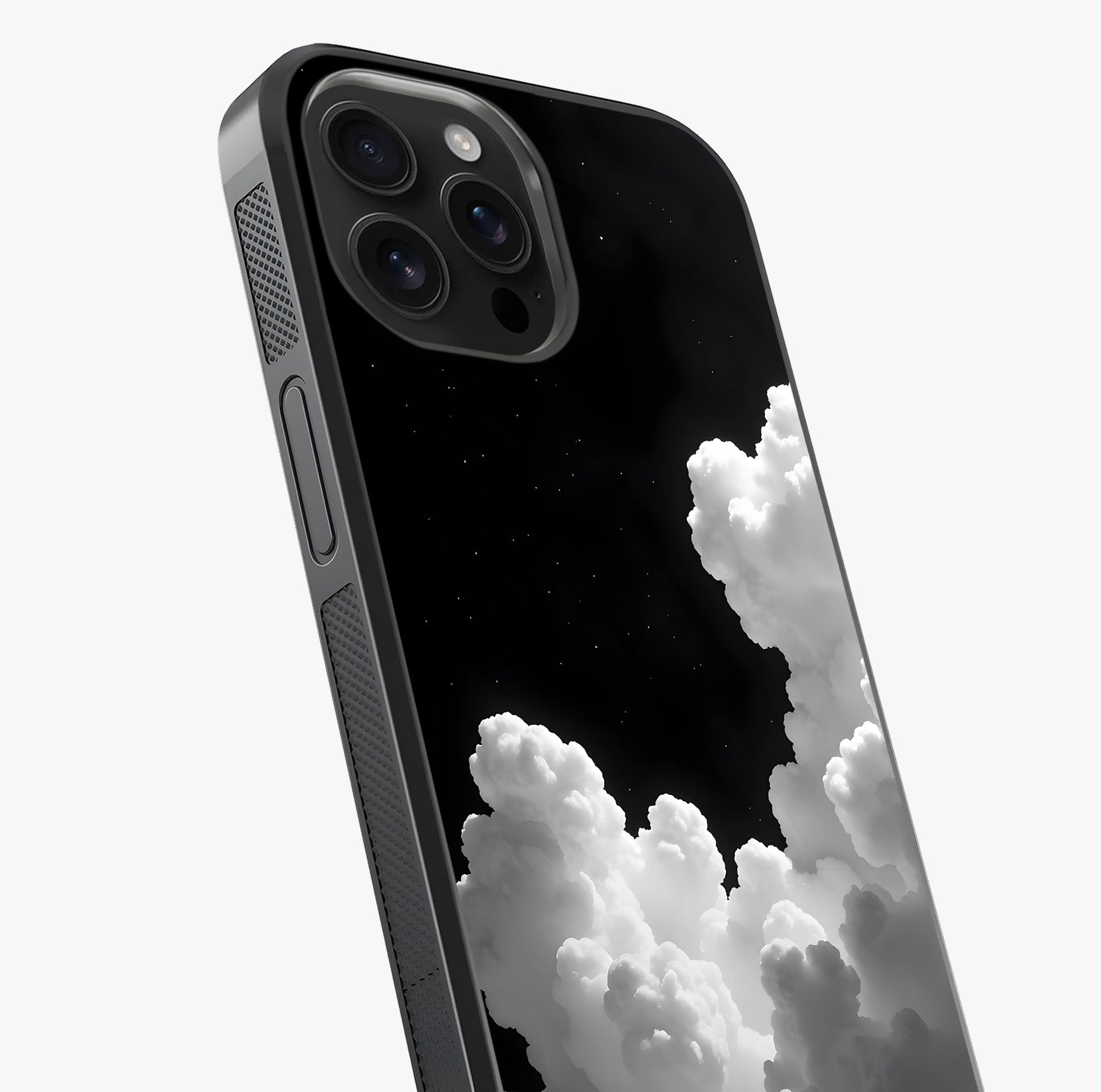 Black Background With White Cloud Glass Case captured at a warm angle highlighting gloss, texture and premium glass finish.