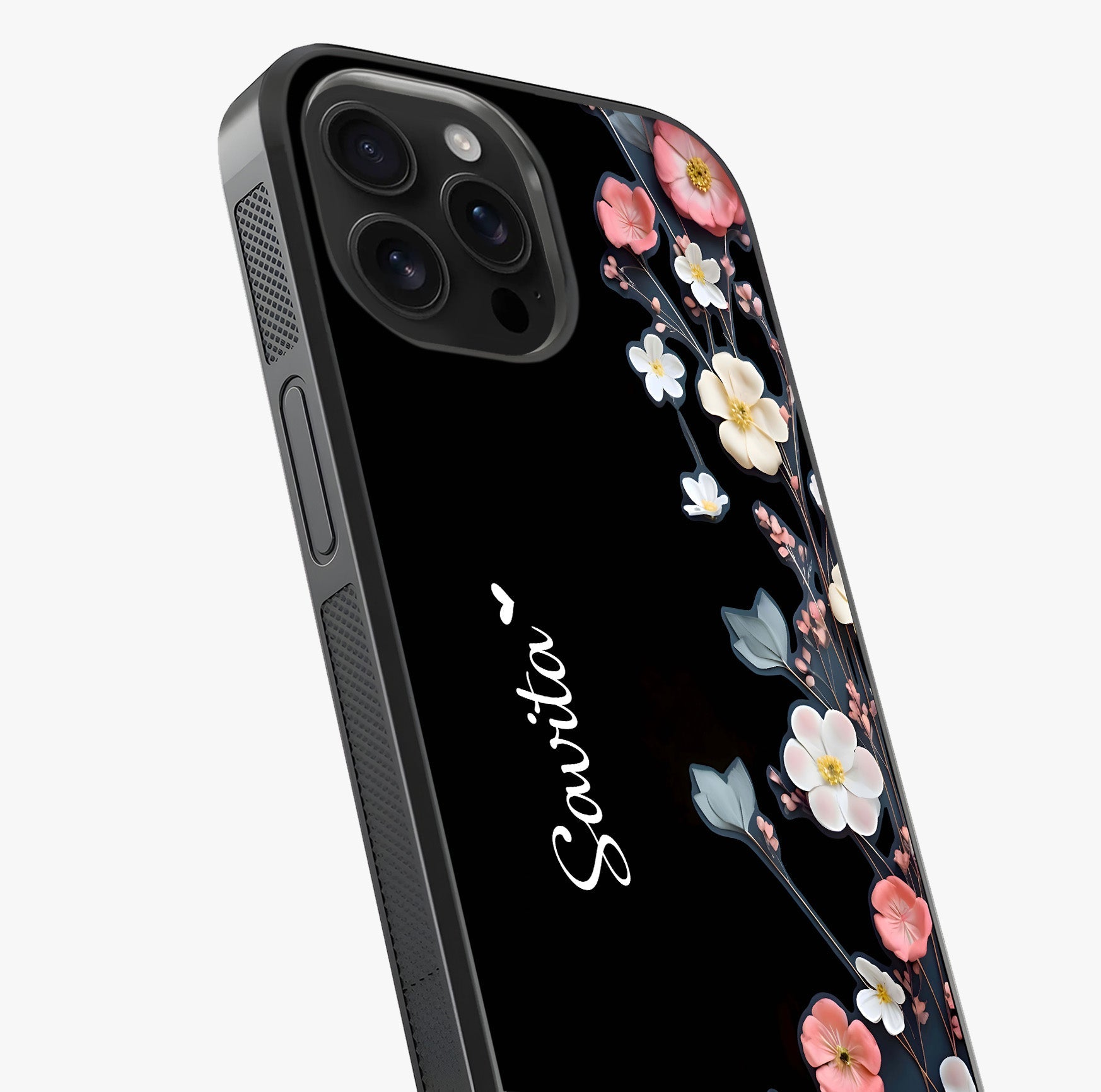 Black Elegance Floral Custom Name Glass Case captured at a warm angle highlighting gloss, texture and premium glass finish.