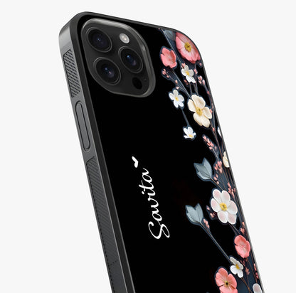 Black Elegance Floral Custom Name Glass Case captured at a warm angle highlighting gloss, texture and premium glass finish.