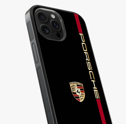 Black Minimal Porsche Glass Case captured at a warm angle highlighting gloss, texture and premium glass finish.