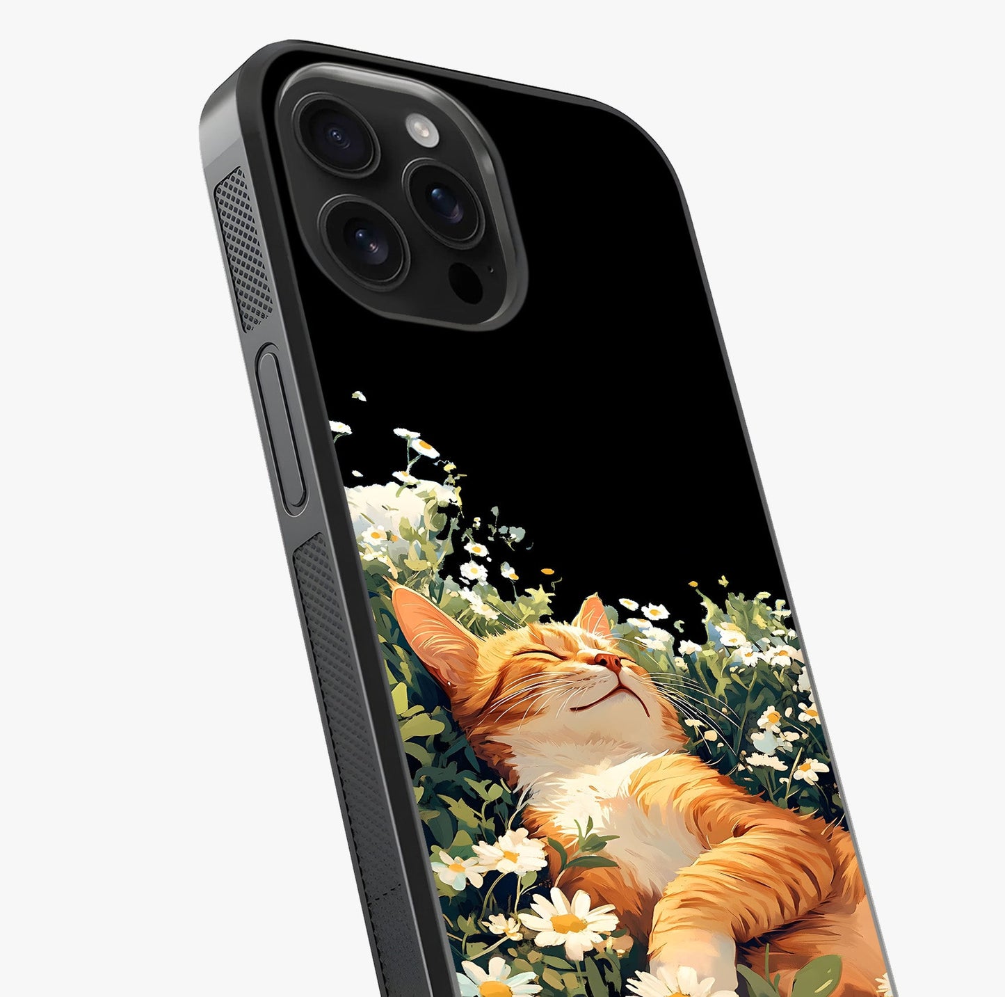 Blissful Bloom Cat Glass Case captured at a warm angle highlighting gloss, texture and premium glass finish.