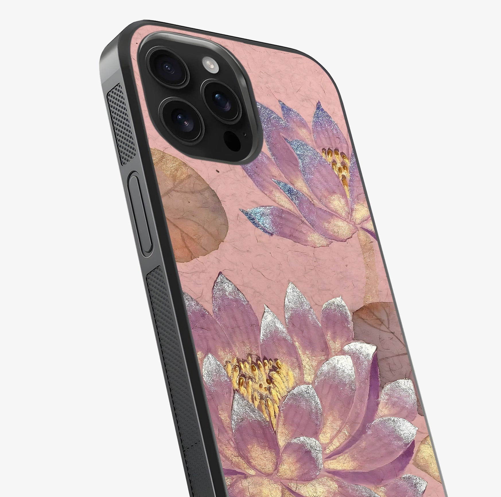 Blossom Mist Lotus Glass Case captured at a warm angle highlighting gloss, texture and premium glass finish.