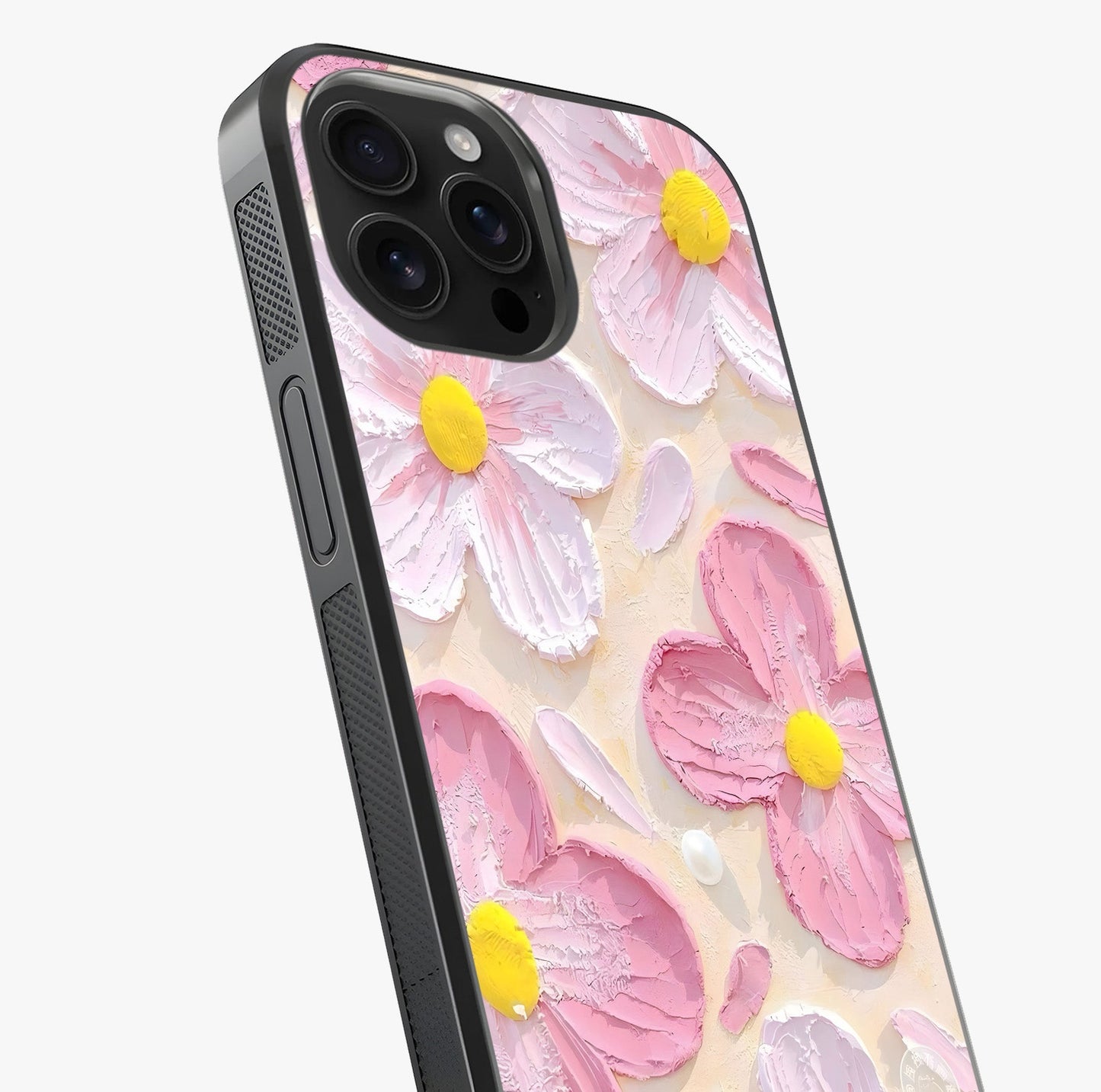 Blush Bloom Texture Glass Case captured at a warm angle highlighting gloss, texture and premium glass finish.