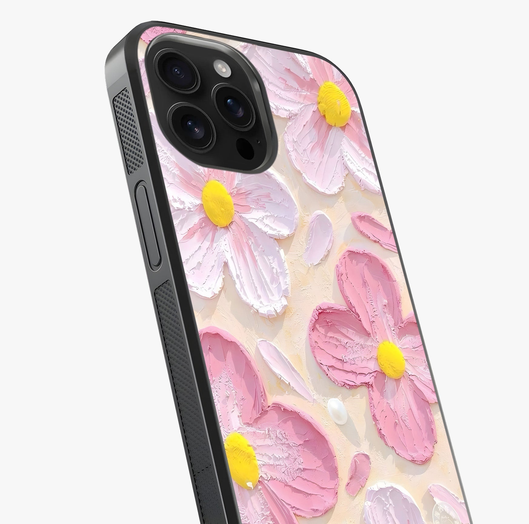 Blush Bloom Texture Glass Case captured at a warm angle highlighting gloss, texture and premium glass finish.
