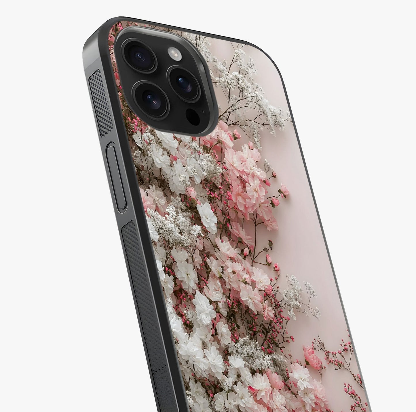 Blush Blossom Cloud Glass Case captured at a warm angle highlighting gloss, texture and premium glass finish.