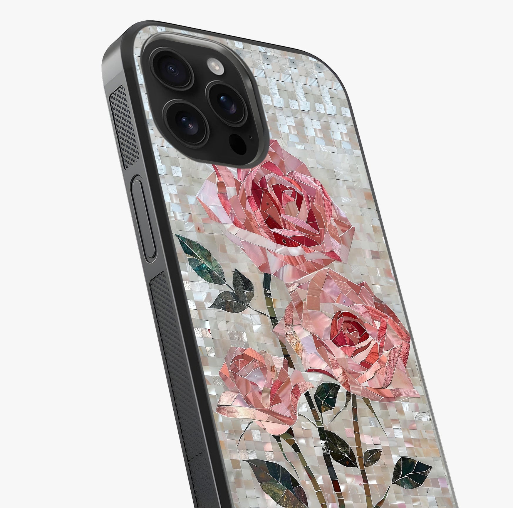 Blush Mosaic Bloom Glass Case captured at a warm angle highlighting gloss, texture and premium glass finish.
