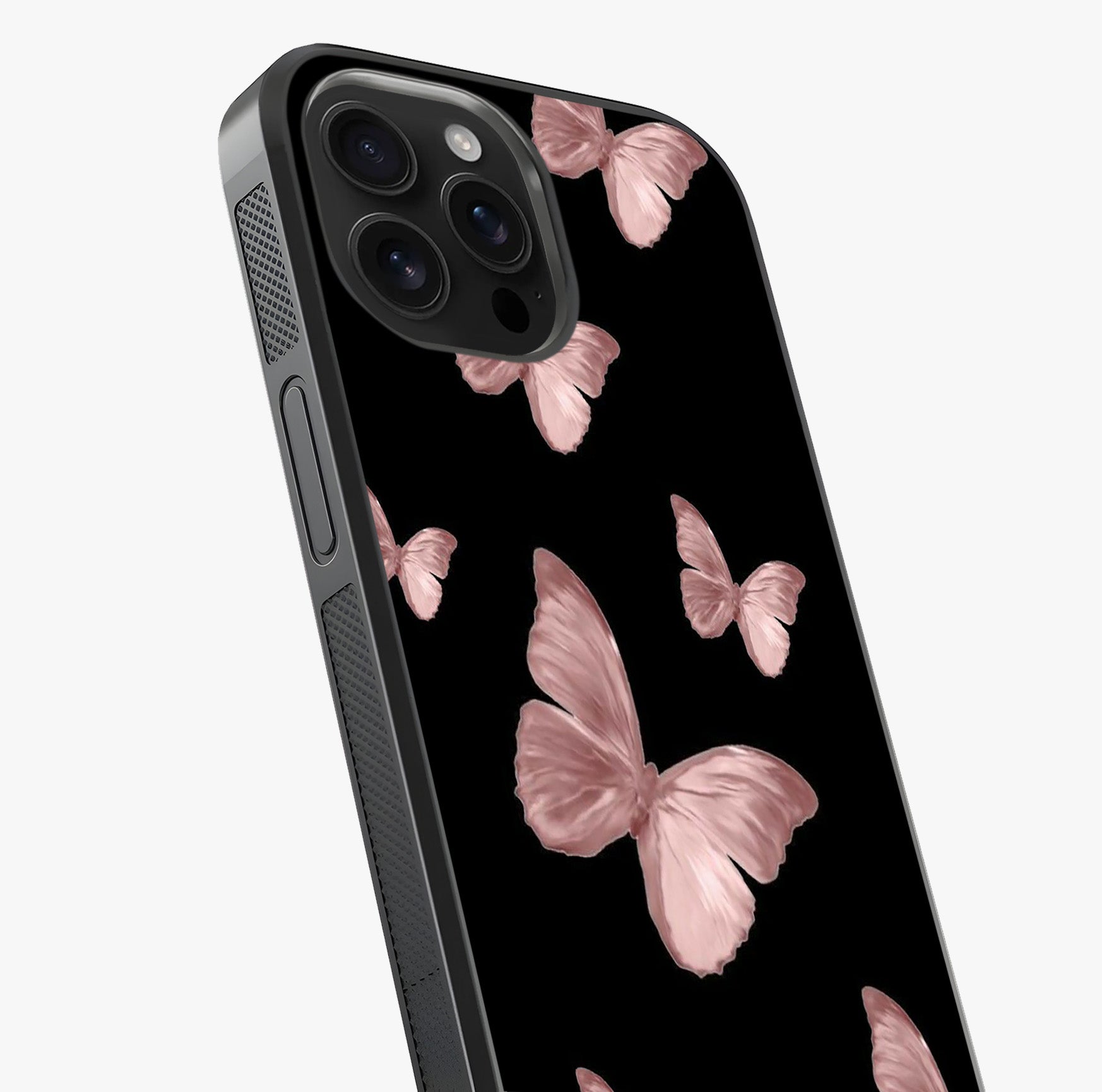 Butterfly Pattern Glass Case captured at a warm angle highlighting gloss, texture and premium glass finish.