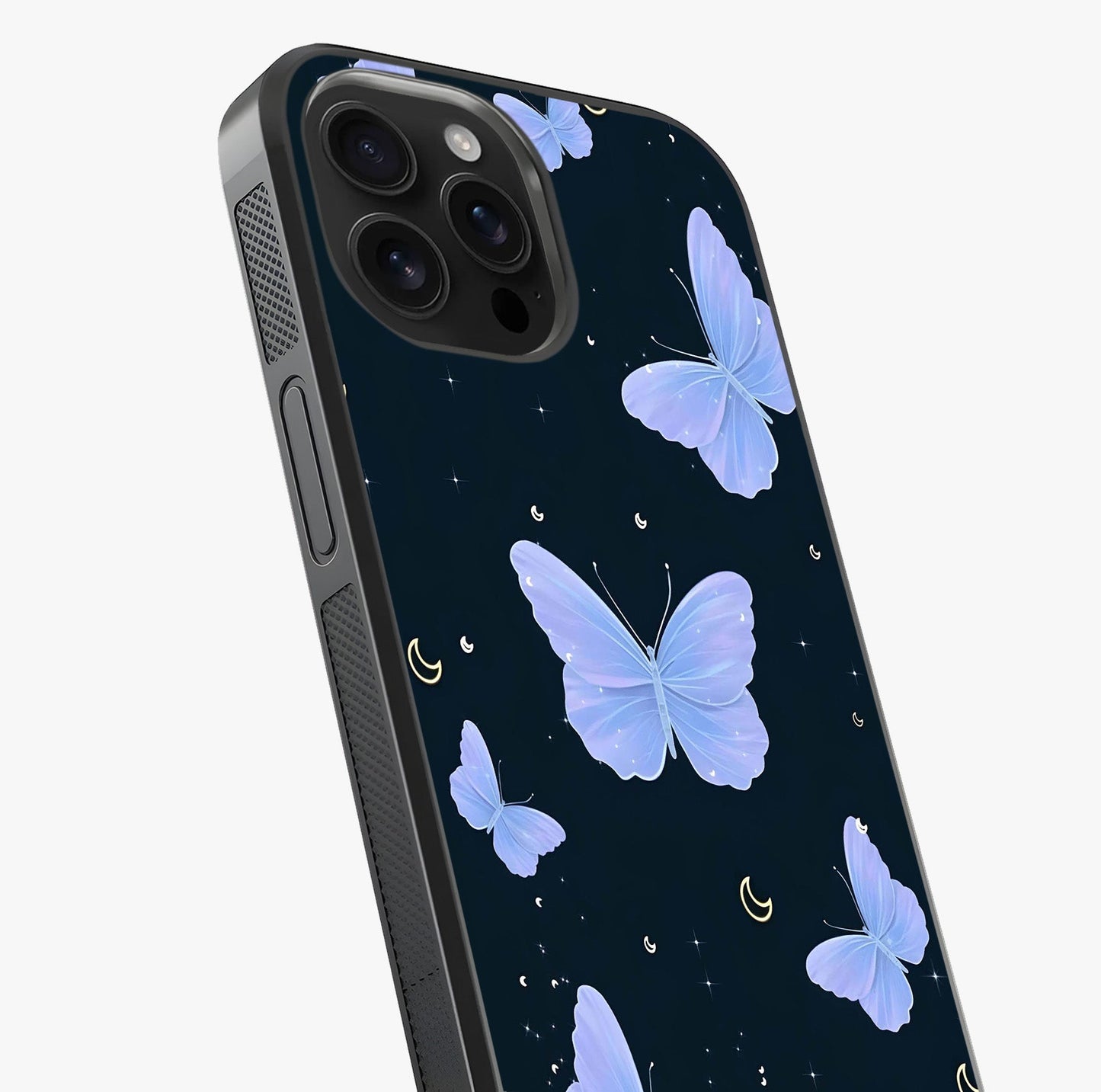 Butterfly With Stars Pattern Glass Case captured at a warm angle highlighting gloss, texture and premium glass finish.